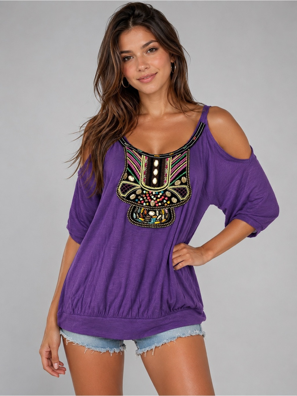 julie's closet Purple Cold-Shoulder Tunic with Beaded Bib